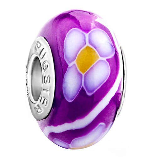 PUGSTER - TANZANITE WHITE FLOWER & STRIPES - 925 SILVER CORE - CHARM BEAD