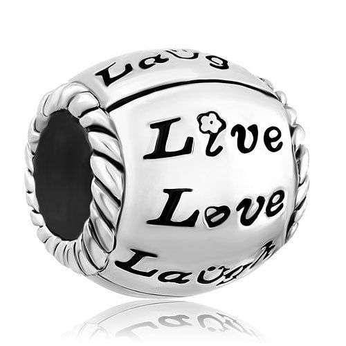 PUGSTER -  SILVER - FLOWER - LIVE LOVE LAUGH - BARREL CHARM BEAD