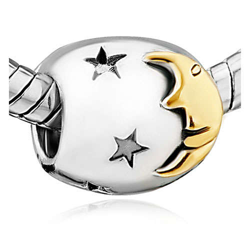 PUGSTER - TWO TONE - 22k GOLD PLATED - STARRY MOONLIGHT NIGHT - BARREL CHARM BEAD