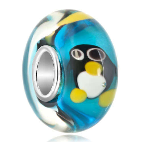 PUGSTER - PENGUIN - BLUE, WHITE BLACK & YELLOW - MURANO GLASS BEAD