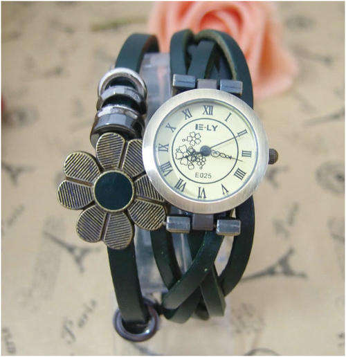LEATHER BRAIDED STRAP - VINTAGE FLOWER - WRAP QUARTZ WRIST BRACELET WATCH - DEEP GREEN