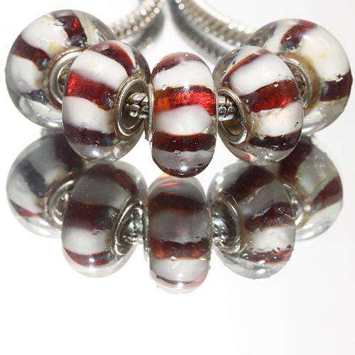 EUROPEAN STYLE - 925 SILVER CORE - MURANO GLASS BEADS -  CLEAR, DEEP RED AND WHITE STRIPES