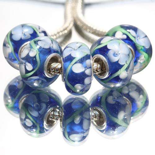 PANDORA STYLE - 925 SILVER CORE - MURANO GLASS BEADS - CLEAR ROYAL AND LIGHT BLUE INNER FLOWER