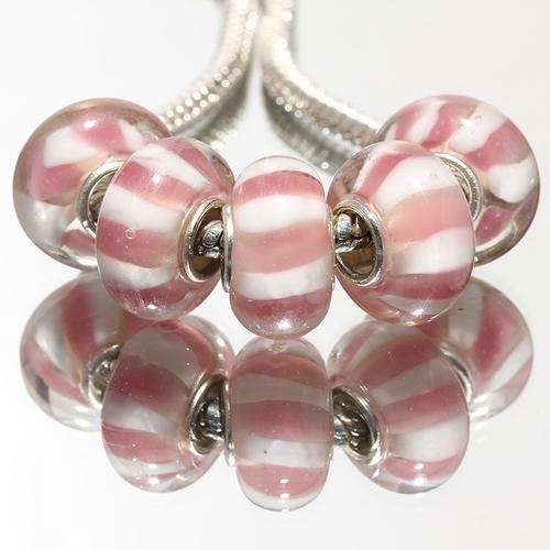 PANDORA STYLE 925 SILVER MURANO GLASS BEADS - CLEAR WITH PINK AND WHITE STRIPES