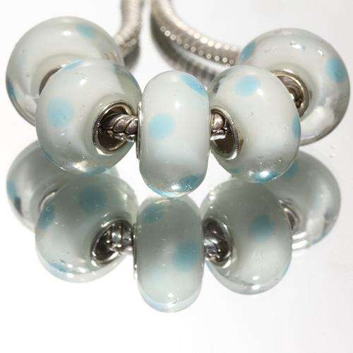925 SILVER CORE - MURANO GLASS -LAMPWORK BEADS - SOLID WHITE WITH SKY BLUE POLKA DOTS