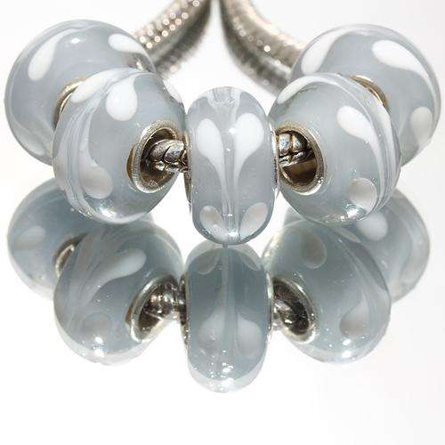 EUROPEAN STYLE - 925 SILVER CORE - MURANO GLASS BEADS - SOLID GREY WITH WHITE LEAF DESIGN