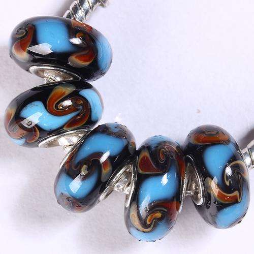 925 SILVER CORE - MURANO GLASS BEADS - BLUE, BLACK AND BROWN SWIRL DESIGN