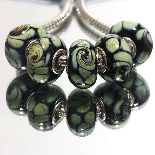 PANDORA STYLE 925 SILVER MURANO GLASS BEADS - CLEAR WITH PASTEL GREEN FLOWER ON BLACK