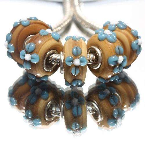 EUROPEAN STYLE - 925 SILVER CORE - MURANO GLASS - LAMPWORK BEADS - SOLID TAN WITH RAISED BLUE FLOWER