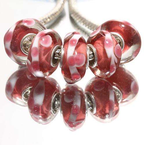 Snake Chain Charm Bracelet Silver Core Glass Beads Clear Pink And White Stripes And Dots