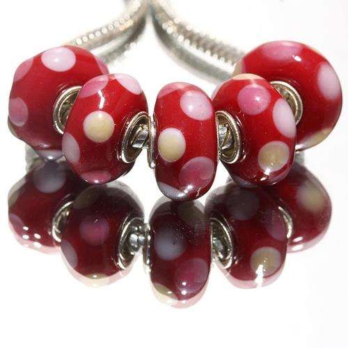 EUROPEAN STYLE - 925 SILVER CORE - MURANO GLASS BEADS - SOLID RED WITH WHITE AND PINK POLKA DOTS