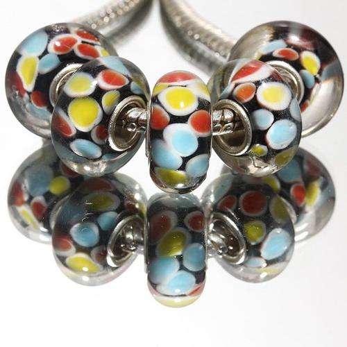 Silver Core Glass Beads Clear Red Blue Yellow Polka Dots On Black