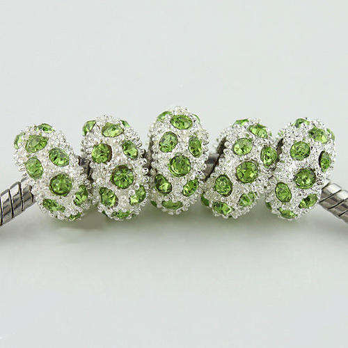 PANDORA STYLE - SILVER - PERIDOT RHINESTONE - SPACER BEADS - FITS EUROPEAN BRACELETS - 11 x 6mm
