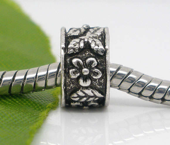PANDORA STYLE RONDELLE SPACER BEADS WITH RAISED FLOWERS AND LEAVES