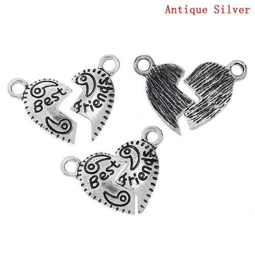 CHARMS - ANTIQUE SILVER - HEART - "BEST FRIENDS" - 17mm x 8mm 16mm x 9mm - SOLD PER SET