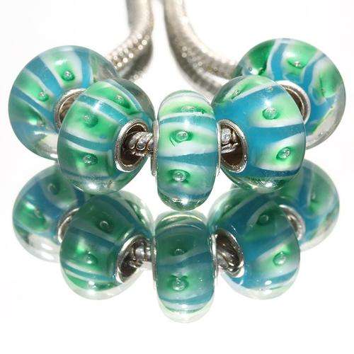 EUROPEAN STYLE - 925 SILVER CORE - MURANO GLASS BEADS - CLEAR WITH GREEN, BLUE & WHITE STRIPES