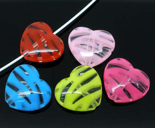 ACRYLIC - MIXED - COLORFUL - ZEBRA STRIPED - HEART BEADS - 17x20mm