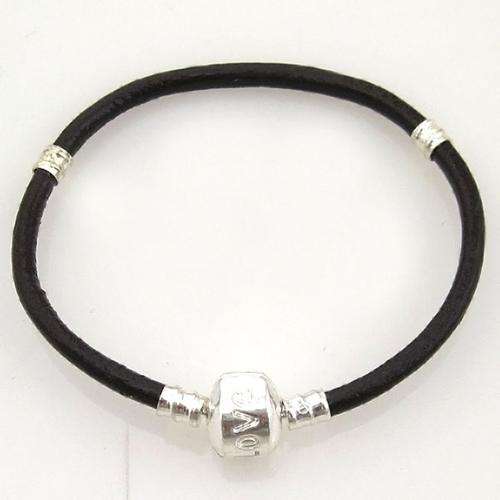 PANDORA STYLE BRACELET - GENUINE LEATHER - BLACK - SAFETY CLASP - 19cm