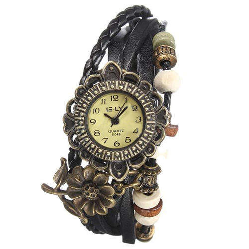 EUROPEAN FASHION GENUINE LEATHER LADIES WATCH - BRAIDED STRAP - VINTAGE SUNFLOWER - BLACK