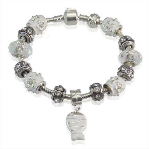 PANDORA STYLE BRACELETS - COMPLETE - 925 SILVER STAMPED - WHITE ENAMEL & CRYSTAL - 20cm