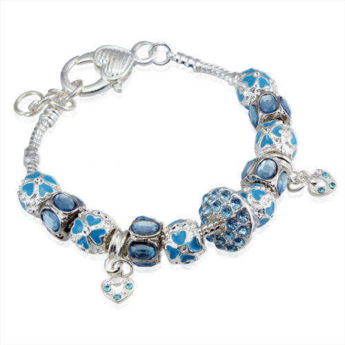 BRACELETS - EUROPEAN - SNAKE CHAIN - COMPLETE - SILVER & BLUE - ENAMEL AND CRYSTAL - 20cm
