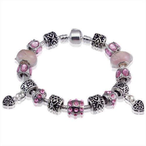 PANDORA STYLE BRACELET - COMPLETE - 925 SILVER STAMPED - ANTIQUE SILVER & PINK CRYSTAL BEADS - 20cm