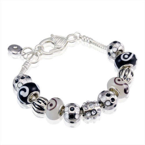 PANDORA STYLE BRACELETS - COMPLETE - SILVER, BLACK & WHITE CRYSTAL AND ENAMEL - 20cm