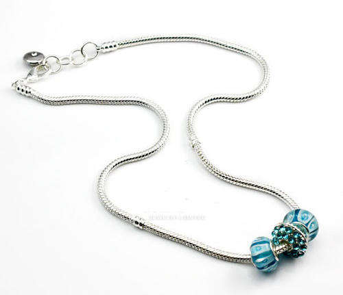 925 SILVER STAMPED - PANDORA STYLE -45 cm SILVER SNAKE CHAIN NECKLACE COMPLETE WITH BEADS - BLUE