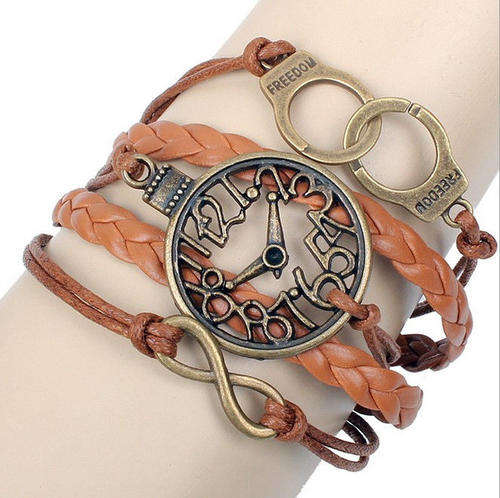 INFINITY ANTIQUE BRONZE & BROWN - 5 IN 1 VINTAGE CLOCK & FREEDOM HANDCUFFS - LEATHER & ROPE BRACELET