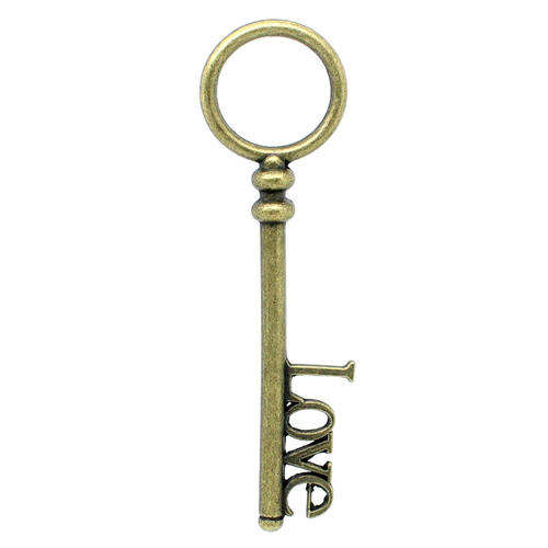 CHARMS - ANTIQUE BRONZE - "LOVE" KEY CHARM PENDANTS - 8.3x2.4cm