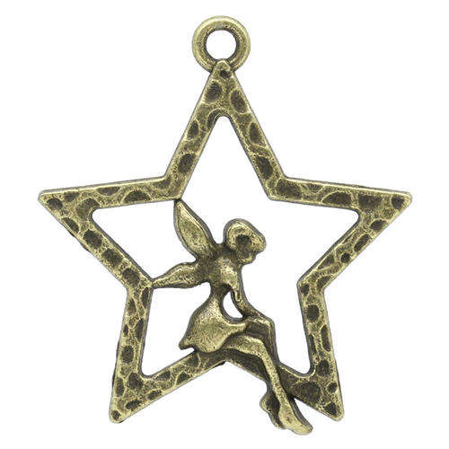 CHARMS - ANTIQUE BRONZE - FAIRY SITTING ON STAR CHARM PENDANTS - 28x25mm