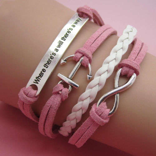 INFINITY SILVER, PINK AND WHITE - 4 IN 1 ANCHOR AND " WILL" - LEATHER & SUEDE BRACELET