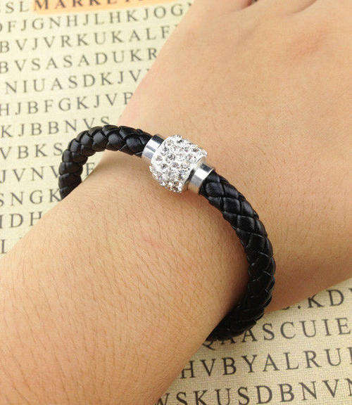 LEATHER WRAP - BLACK WRISTBAND WITH CLEAR RHINESTONE MAGNETIC CLASP BRACELET