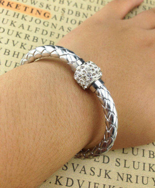LEATHER WRAP - SILVER WRISTBAND WITH CLEAR RHINESTONE MAGNETIC CLASP BRACELET