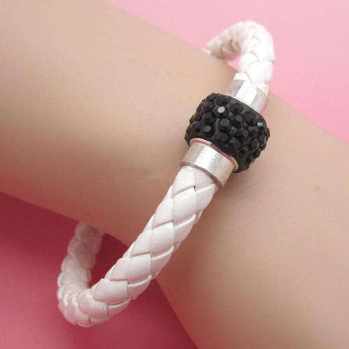 LEATHER WRAP - WHITE WRISTBAND WITH BLACK RHINESTONE MAGNETIC CLASP BRACELET