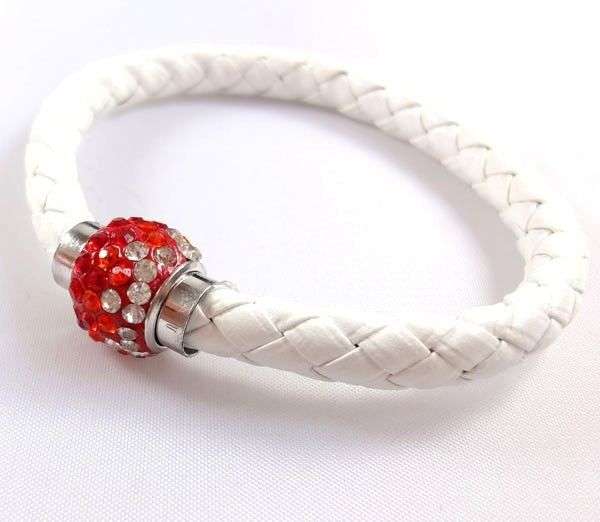 LEATHER WRAP - WHITE WRISTBAND WITH RED & CLEAR RHINESTONE MAGNETIC CLASP BRACELET