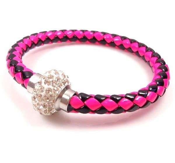 LEATHER WRAP - HOT PINK & BLACK WRISTBAND WITH CLEAR RHINESTONE MAGNETIC CLASP BRACELET