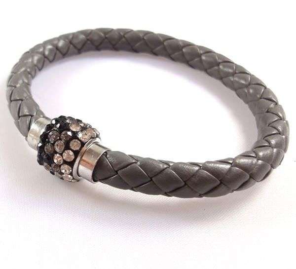 LEATHER WRAP - GREY WRISTBAND WITH BLACK & CLEAR RHINESTONE MAGNETIC CLASP BRACELET