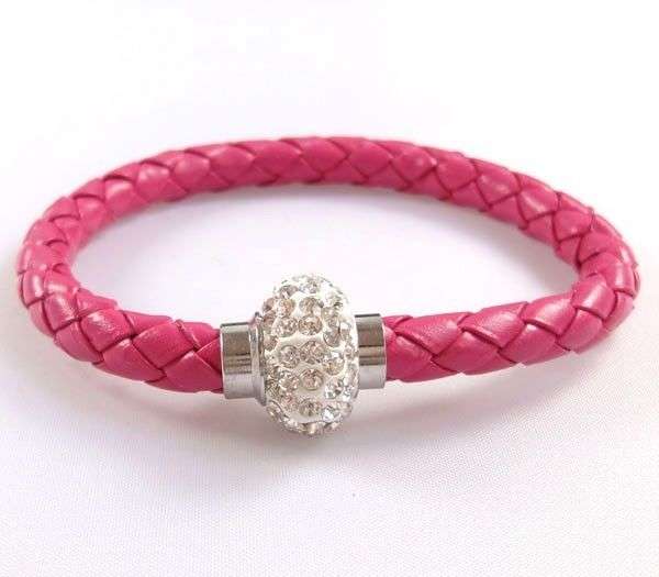 LEATHER WRAP - ROSE WRISTBAND WITH CLEAR RHINESTONE MAGNETIC CLASP BRACELET