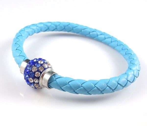 LEATHER WRAP - SKY BLUE WRISTBAND WITH BLUE AND CLEAR RHINESTONE MAGNETIC CLASP BRACELET