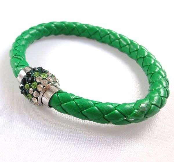 LEATHER WRAP - GREEN WRISTBAND WITH GREEN AND CLEAR RHINESTONE MAGNETIC CLASP BRACELET