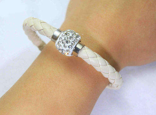 LEATHER WRAP - WHITE WRISTBAND WITH CLEAR RHINESTONE MAGNETIC CLASP BRACELET