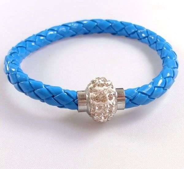 LEATHER WRAP - BLUE WRISTBAND WITH CLEAR RHINESTONE MAGNETIC CLASP BRACELET