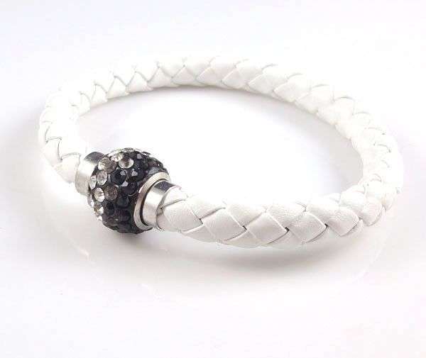 LEATHER WRAP - WHITE WRISTBAND WITH BLACK & CLEAR RHINESTONE MAGNETIC CLASP BRACELET