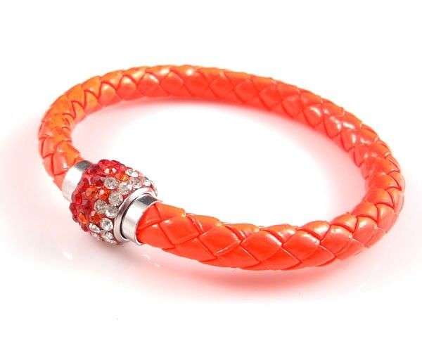 LEATHER WRAP - ORANGE WRISTBAND WITH RED & CLEAR RHINESTONE MAGNETIC CLASP BRACELET