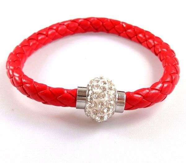 LEATHER WRAP - RED WRISTBAND WITH CLEAR RHINESTONE MAGNETIC CLASP BRACELET