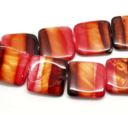 SHELL BEADS - RED, BROWN AND ORNAGE - MULTICOLOR - STRIPES - SQUARE - 20x20mm