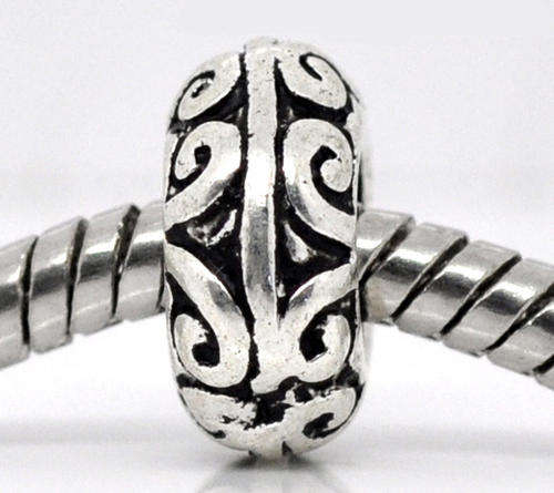 PANDORA STYLE - ANTIQUE SILVER - CARVED PATTERN - ROUND STOPPER BEADS WITH RUBBER