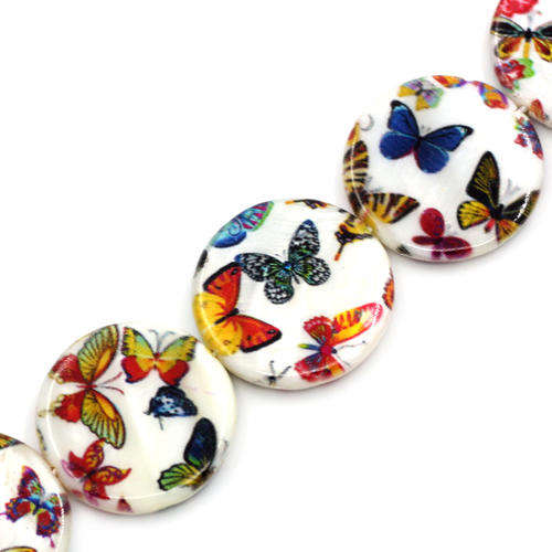 SHELL BEADS - MULTICOLOR - VINTAGE BUTTERFLY PATTERN - ROUND - 25mm