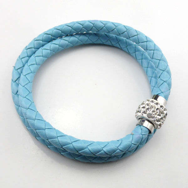 LEATHER WRAP - DOUBLE - LIGHT BLUE WRISTBAND WITH CLEAR RHINESTONE MAGNETIC CLASP BRACELET